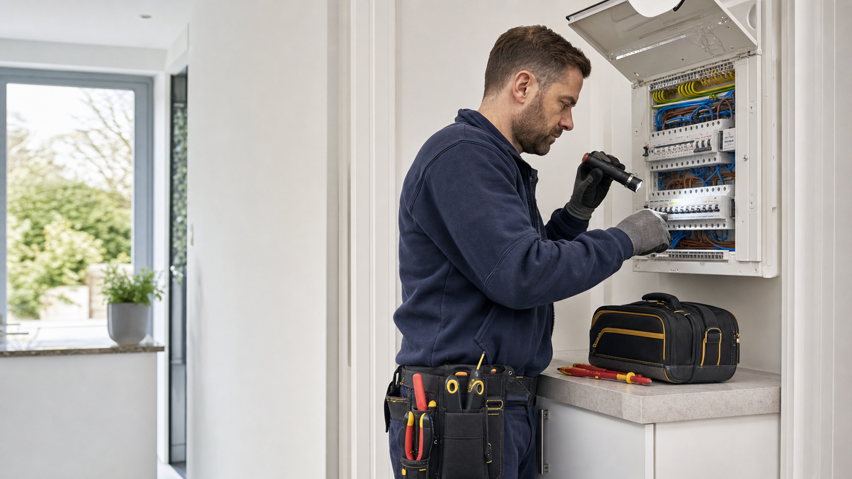 Qualified electrician inspecting a modern domestic consumer unit